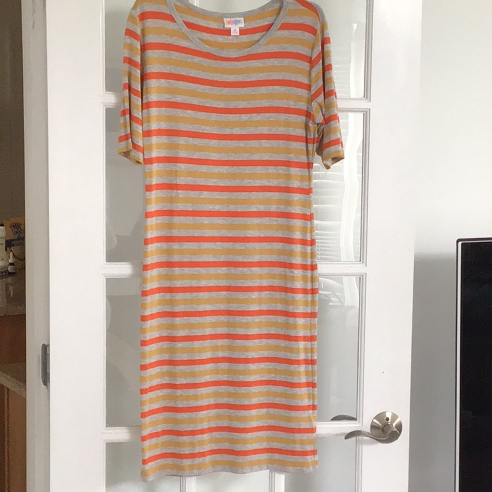 5/$20 Lularoe Julia dress size M, gray w/orange and yellow/brown stripes NWOT.